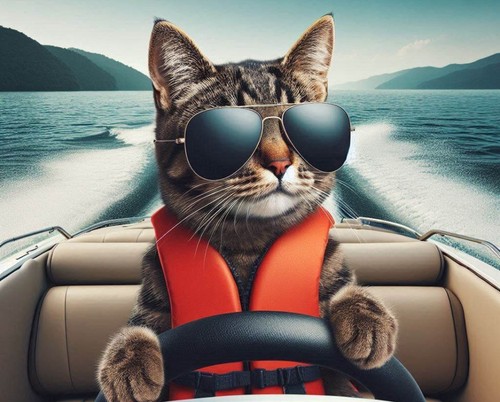 Tabby cat driving speed boat - tabby,