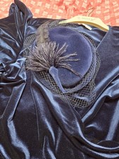Hat Pillbox Blue Velvet With Feather