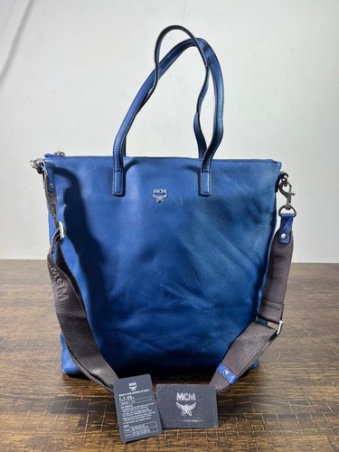Mcm auth blue leather tote - tote, bag