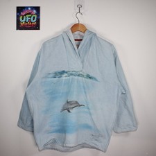 French Hand Painted Denim Smock Pullover Hooded Unisex XL Blue Dolphin Artistan