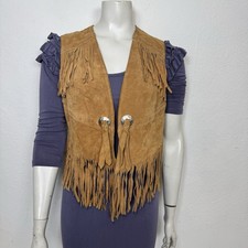 Vintage 70s Tan Tassel Fringe Ms Pioneer Real Waistcoat Vest 10 Concho Western