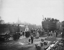 Three giant 75 foot lighters which will be used Hull are launc- 1930s Old Photo