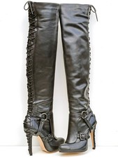 Topshop Premium Persia black leather thigh-high back lace stiletto fetish boots