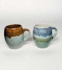 Aphorism Rustic Ceramic Set of 2 Sea Green Drip Glaze Coffee Cups Mugs