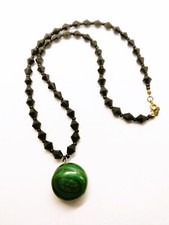 Vintage Black Faceted Glass Necklace with Large Malachite Pendant