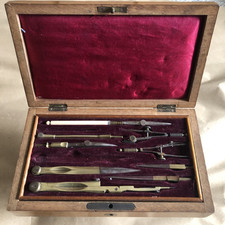 Vintage Wooden Box Containing Brass & Steel Technical Drawing Draughtsman Set
