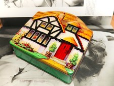 Thatched cottage/house shaped Tuckers of Totnes vintage sweet tin-13cm