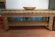 Antique Gold Coffee Table With Shelf Embossed Metal Moroccan Style (GZ427)