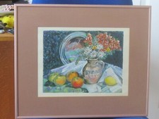 Original Watercolour of a Still Life Fruit Flowers,Interior Scene by L.Dunlop