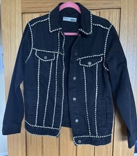 Topshop Moto Black Denim Diamante Rhinestone Jacket 8 Tall £125 Y2K Festival