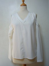 Debbie Shuchat cold shoulder top M ivory crepe, tiny hole edgings