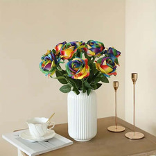 Laelfe 12 Pcs Rainbow Roses Artificial Flowers, 53 Cm Single Long Stem Faux S...