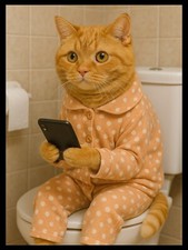 Ginger Cat sat on the toilet on phone metal wall plaque bathroom toilet gift