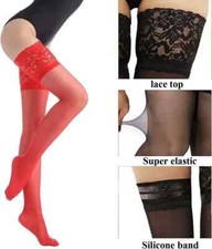 RED LACE TOPPED THIGH HIGH SHEER FISHNET STOCKINGS DENIER LADIES SEXY HOLD UPS