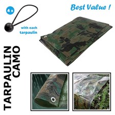 Heavy Duty Camo Tarpaulin and 4 Bungee Balls Waterproof Cover Ground Sheet Tent