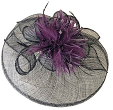 Hatinator Black /Purple/Silver Sinamay Disc Headband Bow Feathers Beads NEW