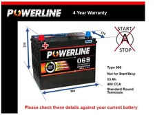 Car Battery 069 Powerline 069 480A 53Ah 4Yr Warranty 266x175x220