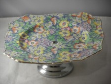 ART DECO ROYAL WINTON GRIMWADES HAND PAINTED CAKE PLATE ANEMONE CHINTZ ON STAND