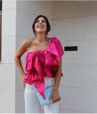Zara Pink Fuchsia Asymmetrical Ruffle One Shoulder Top S