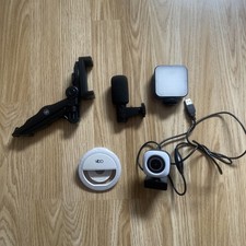 5 Items of Recording Equipment Microphone Lights and A Monitor Camara Webcam