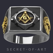 Masonic Ring Freemason Signet Ring Master Mason 925 Silver 18K-Gold-Plated-Parts