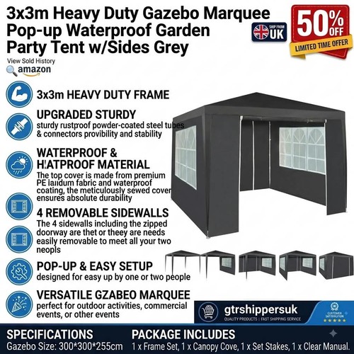 3x3m heavy duty gazebo marquee - 3x3m,