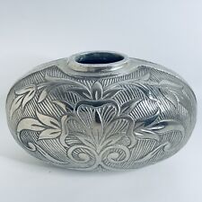 Silver Colour Arts and Crafts Carved Oval Vase 24x14 cm Vintage Decorative Decor