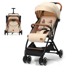 Portable Baby Stroller One-Hand Folding Pushchair W/Adjustable Backrest-Beige