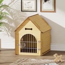 Wooden Dog House with Locking Wire Door, Window, Stylish Indoor Outdoor Kennel