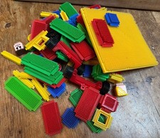 Vintage Sticklebricks, 75 Pieces, 1960’s, Baseboard, Bricks, Wheels & Heads.