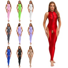 UK Women Oil Glossy Jumpsuit Bodystocking Crotchless Bodysuit Catsuit Nightwear