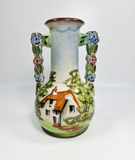 Torquay Ware 2 Handled Vase Devon Cottage Scene Traditional Cottagecore Decor