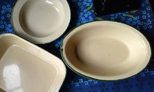 Vintage Enamel Cream and Green Pie Dishes x 3. Casserole oven trays, soup bowl