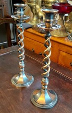 Pair Tall Antique Style Cast Brass Copper Effect Barley Twist Candlesticks