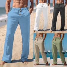 Mens Casual Cotton Linen Breathable Loose Trousers Solid Straight-leg Pants New⇗