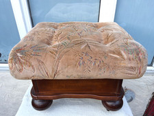 VINTAGE BUTTON TUFTED PATTERNED FABRIC & WOOD FOOTSTOOL POUFFE with STORAGE