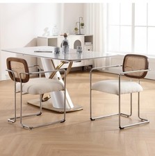 Upholstered Dining Chairs Set of 2 Kitchen Accent Chairs with Rattan Backrest