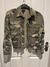 Topshop khaki green army print military camo cropped denim frayed edge jacket 