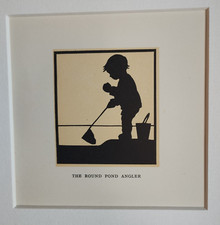 Antique Miniature Silhouette Print Mount 1925 Fishing Round Pond Kensington Gdn