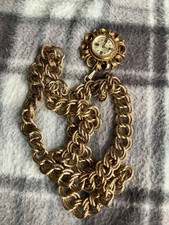 Vintage  Mechanical Gold Tone Ladies Pendant Fob Watch & Long Necklace Chain