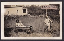Antique c1920 American Snapshot Photo Children Boy On Tricycle Peerless Cart Toy