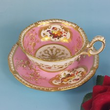 Antique c1824 Regency H&R Daniel Pink Ground Floral Gilding Cup Saucer #3913