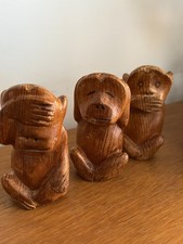 Vintage Hand Carved Wooden Three Wise Monkeys Figurines Folk Art Mid Century