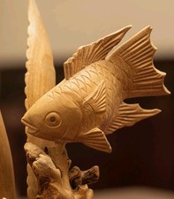 9 inch Koi Fish Marine Life  Ornament  wood carving Sculpture Bali Art 
