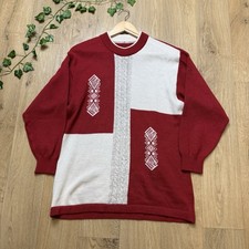 VINTAGE KNITTED JUMPER SIZE S M RED CREAM NORDIC SKI STYLE SWEATER WOOL (kj10)