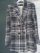 Zara Navy Blue & White Boucle Women’s Double Breasted Blazer Jacket New XS 6/8