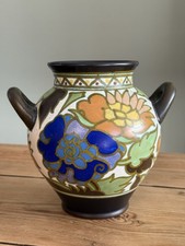 Antique 1920s Gouda Holland Pottery Vase Plazuid Gouda Holland App 6 & 1/2” Tall