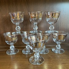 Libbey 8 Railroad Cocktail Wine Glasses Steam Engine Train Coal Box Car Gold MCM