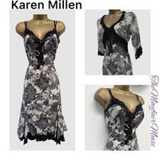 KAREN MILLEN UK10 EU38 US6 Vintage Black Lace Trim SILK Floral Bolero Dress Set