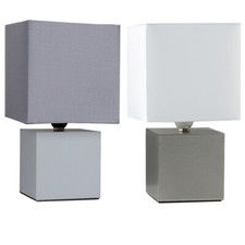 Cube Base Touch Table Lamp 23CM Tall Bedside Light Fabric Square Shade LED Bulb